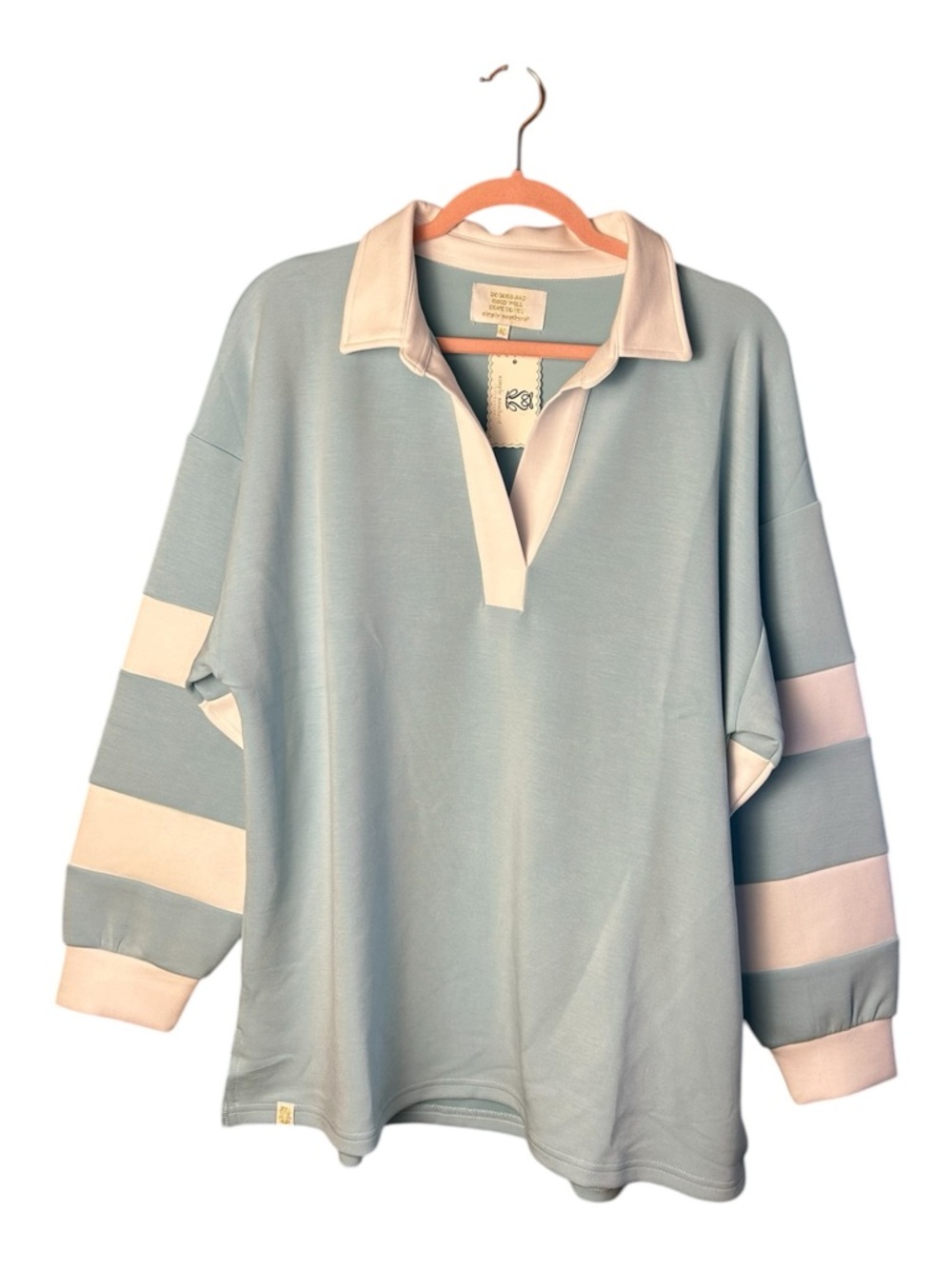 Simply Southern Pastel Blue Rugby Pullover with White Accents size medium - Picture 8 of 9